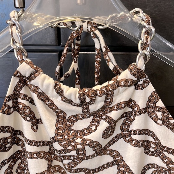 Michael Kors Summer Top. Cream with brown chain design. Size M Ties on neck - Picture 6 of 15